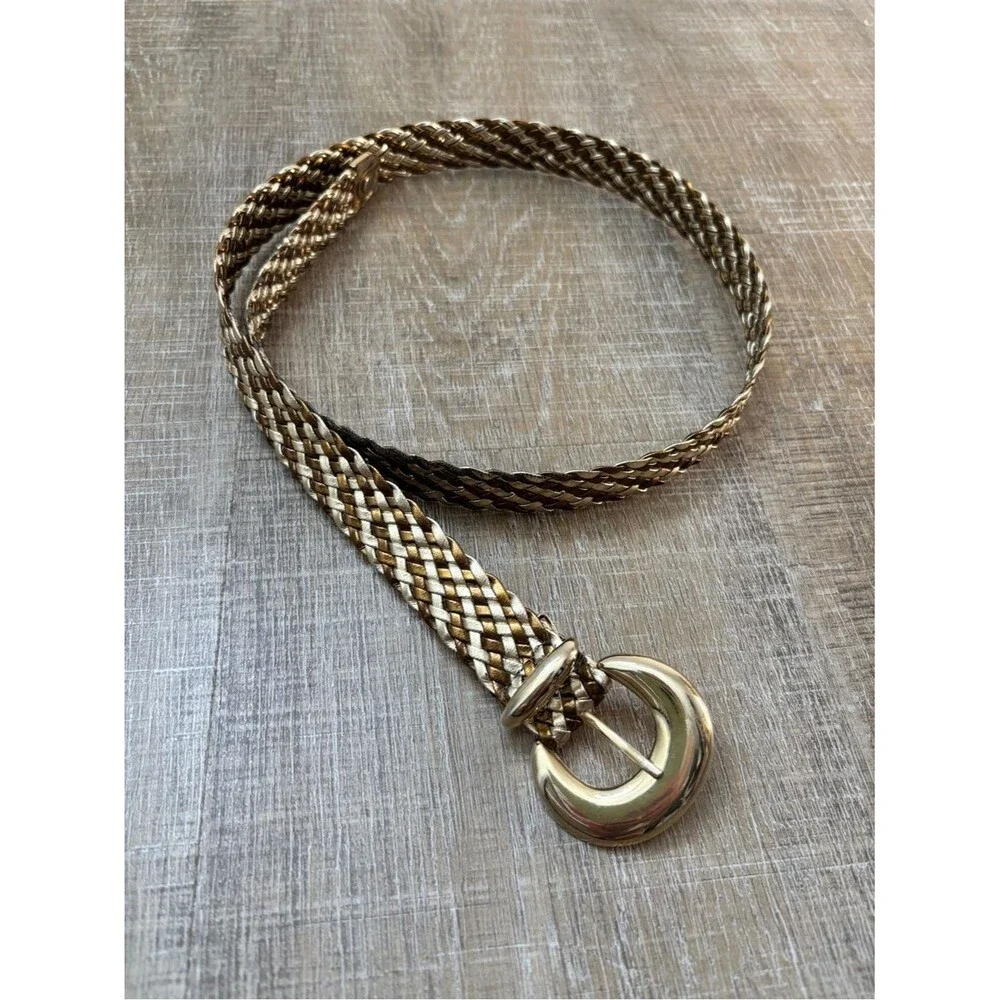 Vintage Metallic Gold Braided Woven Wide Belt M/L Cinch Statement Retro Boho